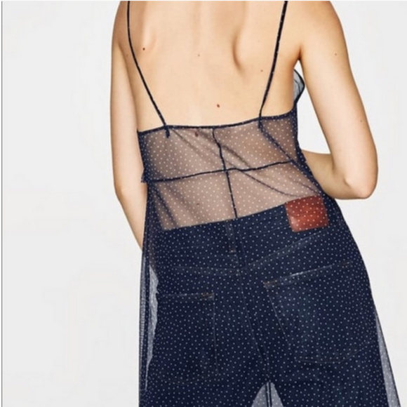 Zara Navy white polka dot Sheer Dress NWOT - Picture 3 of 8